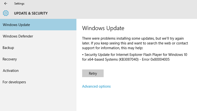 security update kb3087040 error 0x80004005